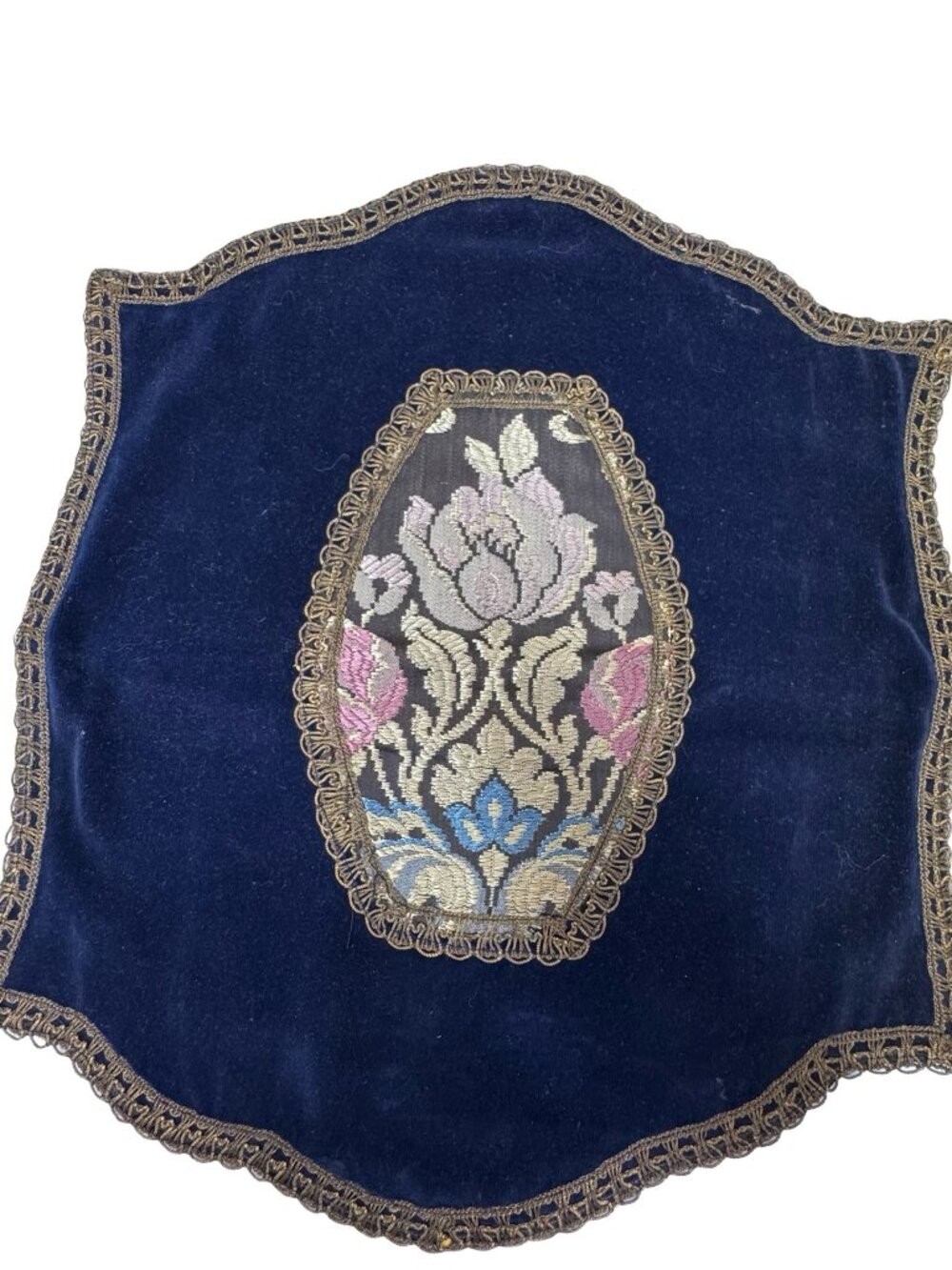 Vintage Blue Velvet Embroidered Floral Accent Doll Rug Gold Lace Trim 15" X 17”